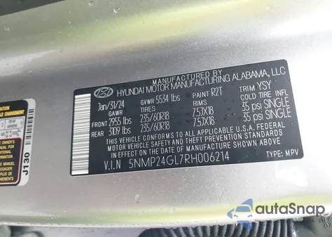 2024 Hyundai Santa Fe Sel из США, поврежденный, VIN 5NMP24GL7RH006214